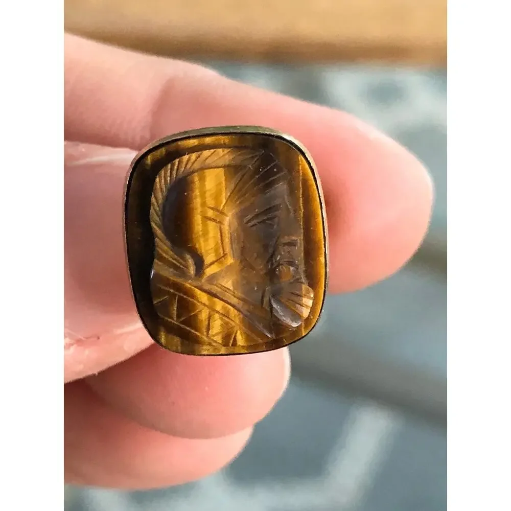 Vintage Lamode 10K Gold Filled, Carved Tigereye Brown Stone Warrior Cufflinks